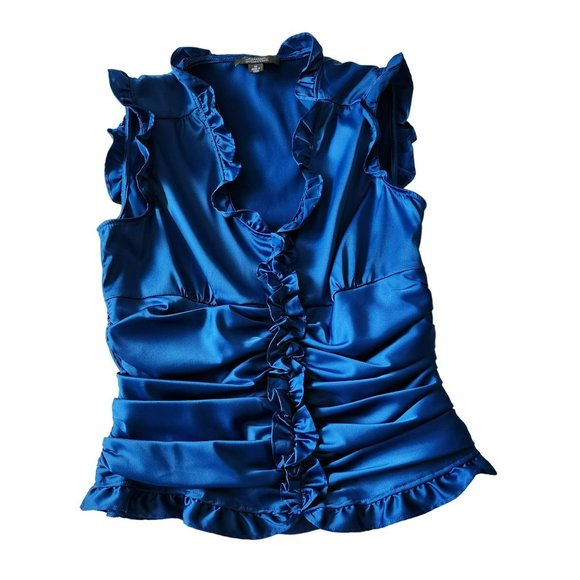 Dress Barn | Tops | Blue Shiny Sleeveless Ruffle Ruching Top Size ...